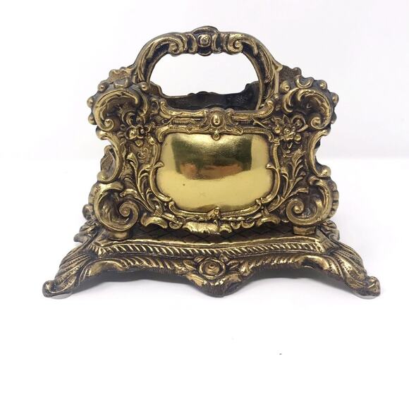 Vintage burnished brass scroll and floral double envelope holder, claw feet - Picture 1 of 8